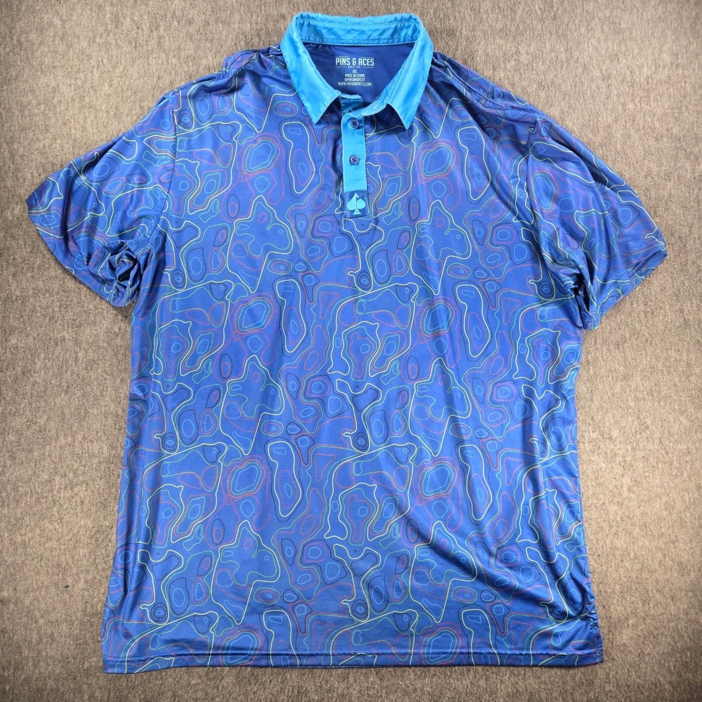 Pins & Aces Golf Polo Shirt Mens XXL Blue Topo Topographic Print Performance